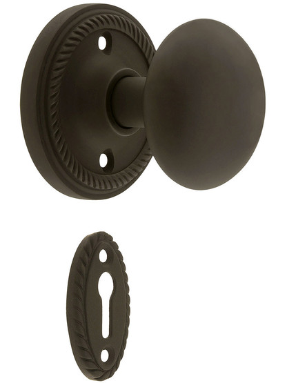 Rope Rosette Mortise Lock Set With Round Brass Knobs in Oil-Rubbed Bronze finish.